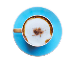 blue cappuccino coffee cup with milk foam
