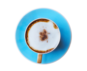 blue cappuccino coffee cup with milk foam