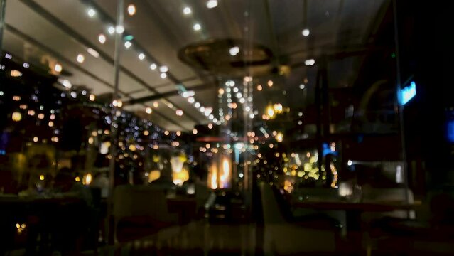 Blurred Image Of Christmas Lights Inside The Restaurant With Heater On A Cold Night. - static