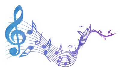 Watercolor music note wave. Music notes melody on white background.
