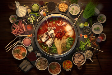 Top view Sichuan Hot Pot traditional Chinese food on wood table background, ai generate