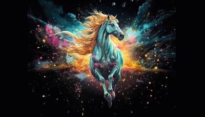 Fototapeta na wymiar art horse in space . dreamlike background with horse . Hand Drawn Style illustration