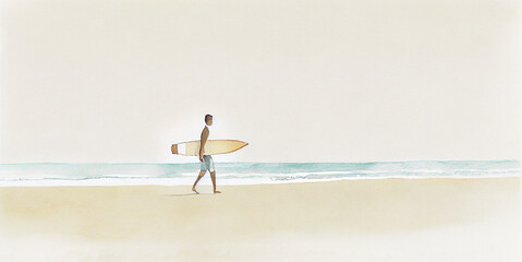 Fototapeta na wymiar watercolor, surfer on the beach