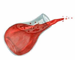 Magic potion bottle with spilled red liquid. Halloween decor. Watercolor hand drawn illustration isolated on white background. Template for cards, logo, scrapbook, paper, wrapping.