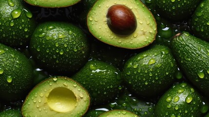 Many fresh avocado background adorned with some droplets of water for food magazine photography generative ai