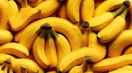 Many fresh banana background adorned with some droplets of water for food magazine photography generative ai