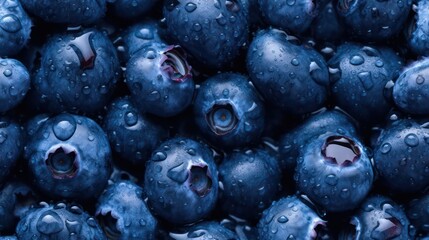 Many fresh blueberry background adorned with some droplets of water for food magazine photography generative ai