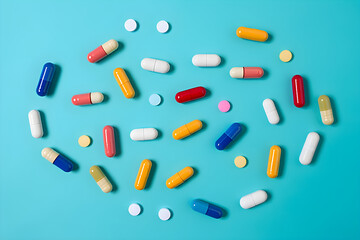  Creative layout made of colorful pills and capsules on blue background. Minimal medicine concept. Medicines, covid-19 or coronavirus. Lay flat, top.. 