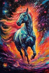art horse in space . dreamlike background with horse . Hand Drawn Style illustration