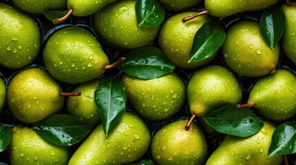 Many fresh pear background adorned with some droplets of water for food magazine photography generative ai