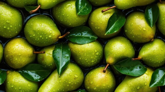 Many fresh pear background adorned with some droplets of water for food magazine photography generative ai
