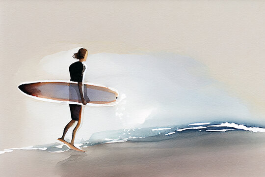 watercolor, surfer on the beach