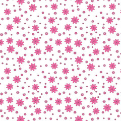 Small pink flowers on a white background. Seamless pattern. Free arrangement of small flowers. Light background for packaging or fabric.