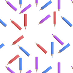 Fototapeta na wymiar Seamless pattern with pencils on a white background. Red, white and purple pensils, different location, repetitive rhythm.