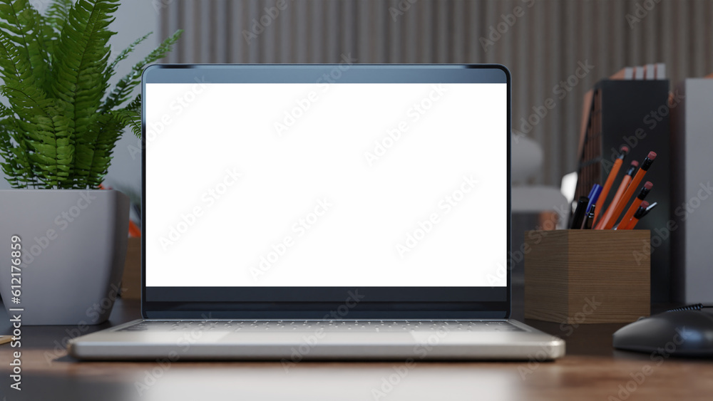 Poster desktop website screen mockup in office, 3d rendering