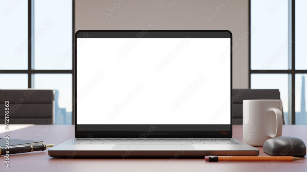 Poster desktop website screen mockup in office, 3d rendering