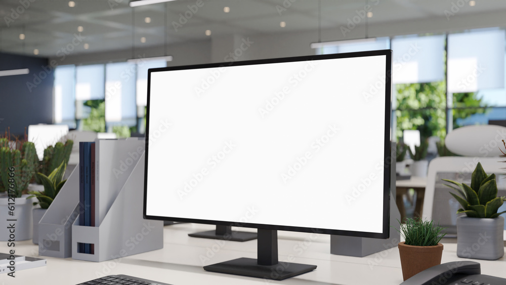 Poster desktop website screen mockup in office, 3d rendering