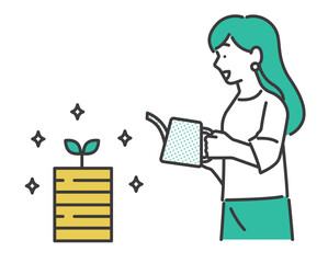 水やりをしてお金が貯まったイメージのベクターイラスト素材／投資／貯金