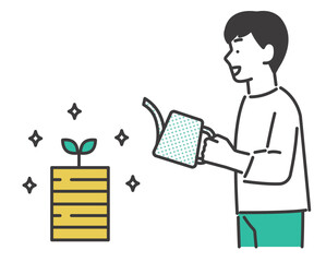 水やりをしてお金が貯まったイメージのベクターイラスト素材／投資／貯金