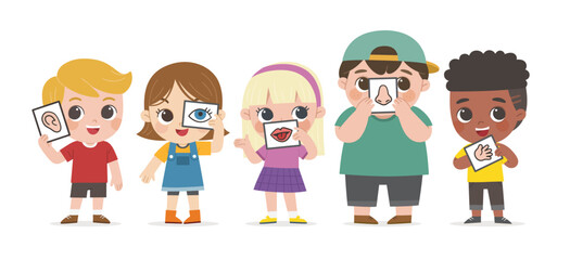 Five Senses Concept With Human Organs. Kids showing five senses set. Sense of sight, touch, hear, smell, taste.