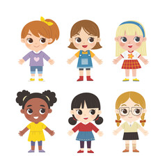 Group of multiracial children. Happy kids collection. Happy student standing together. Isolated on white background.