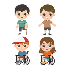 Disability children. Happy children with disabilities set. Kids sitting in wheelchairs. Handicapped children.