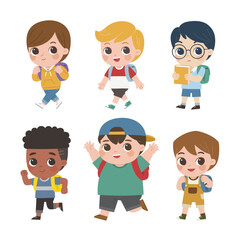 Back to school,Cute kids go to school , Set of diverse Kids and Different nationalities, isolated on white background. Isolated vector