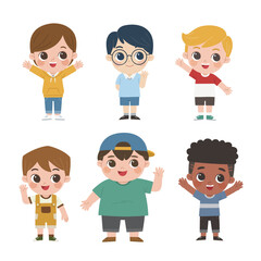 Happy children with different positive emotions. Children waving their hands in greeting.