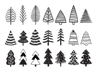 Set of hand drawn Christmas trees. Christmas collection of decorative trees. vector illustration