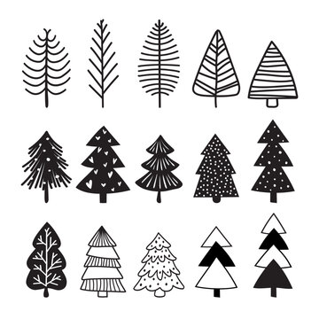 hand drawn christmas tree icons. Christmas collection of decorative trees. vector illustration