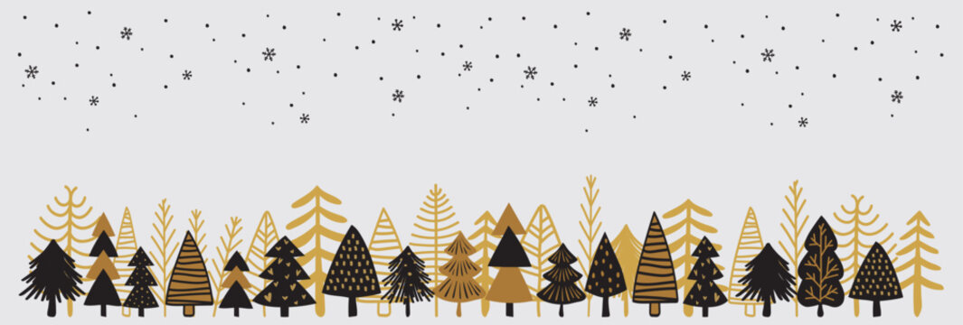 Christmas pine forest. Decorative trees hand drawn in black and gold. Vector illustration.