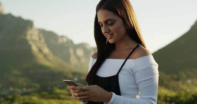 Happy, woman and phone with nature selfie in mountains with happiness from travel and vacation. Holiday, cellphone picture and social media app of a female person in Cape Town on a hike outdoor