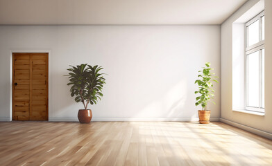 Fototapeta premium empty room Minimalist style decorated with white concrete walland plant .AI Generated