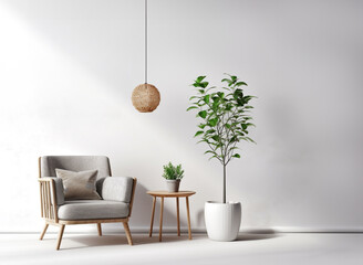 Interior living room white wall mockup with  sofa ,plant,lamp, and decor on white background.