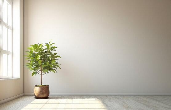 empty room Minimalist style decorated with white concrete walland plant  .AI Generated