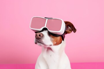 Fototapeta na wymiar Dog wearing VR headset, exploring virtual reality world concept. Generative AI