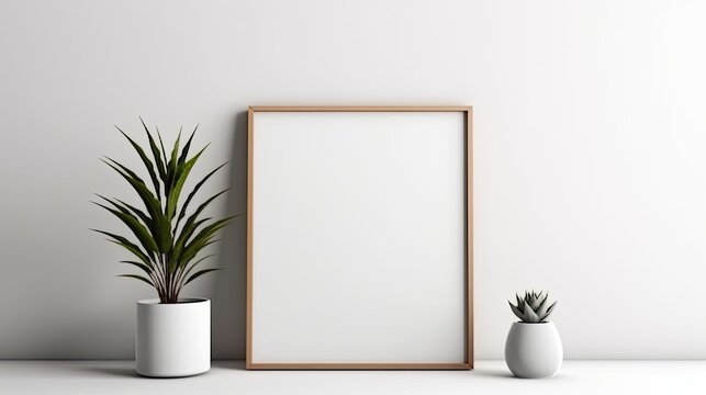 Mockup of a square frame over a white wall with copy space for a presentation of artwork, a photo, or a print Generative AI