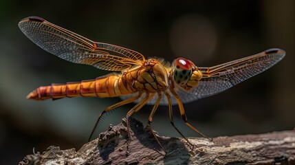 Dragonfly perched on a branch with a blurred background