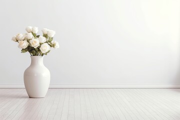White room with white flowers in a white ceramic vase Generative AI