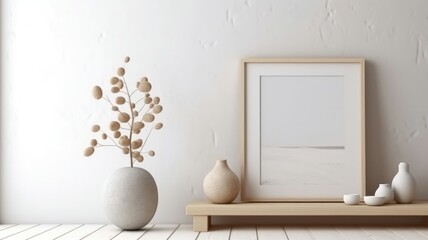 Mockup frame in Scandi-Boho interior style, white room. Generative AI