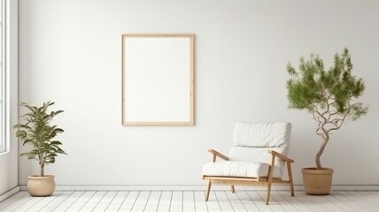 Fototapeta na wymiar Mockup frame in Scandi-Boho interior style, white room. Generative AI