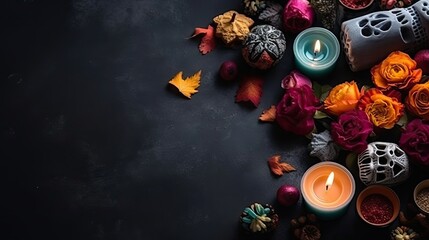 concept design of candles and flowers on black background for day of the dead