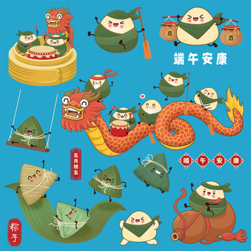 Vintage Chinese rice dumplings cartoon. Dragon boat festival illustration.Chinese word means Dragon Boat festival, 5th day of may, rice dumpling, zongzi