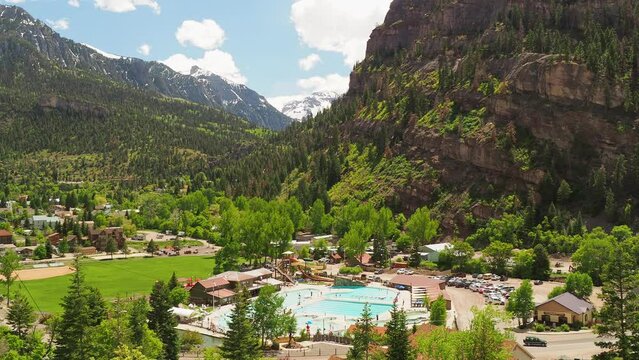 Sunny high angle view of the Ouray town