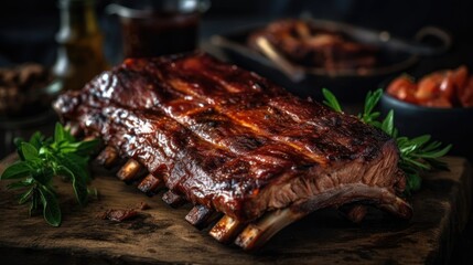 Brown smoky barbecue ribs with perfect combination and blur background