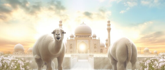 3d cartoon rendering camel on the mosque in the style clay render soft color Generative AI