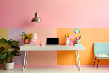 contemporary office with laptop close to colored wall Generative AI