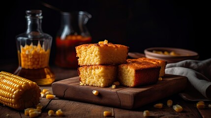 Fototapeta na wymiar Fluffy cake cornbread on wood plate with blurred background