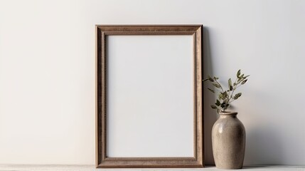 An empty wooden picture frame with a white background is displayed within. Close-up of a mock poster frame in a room. Generative AI