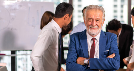 Portrait of smiling happy relax profile ceo handsome attractive confident senior businessman, eldery, fashionable, model, guy, creative old male look at camara enjoying standing at office
